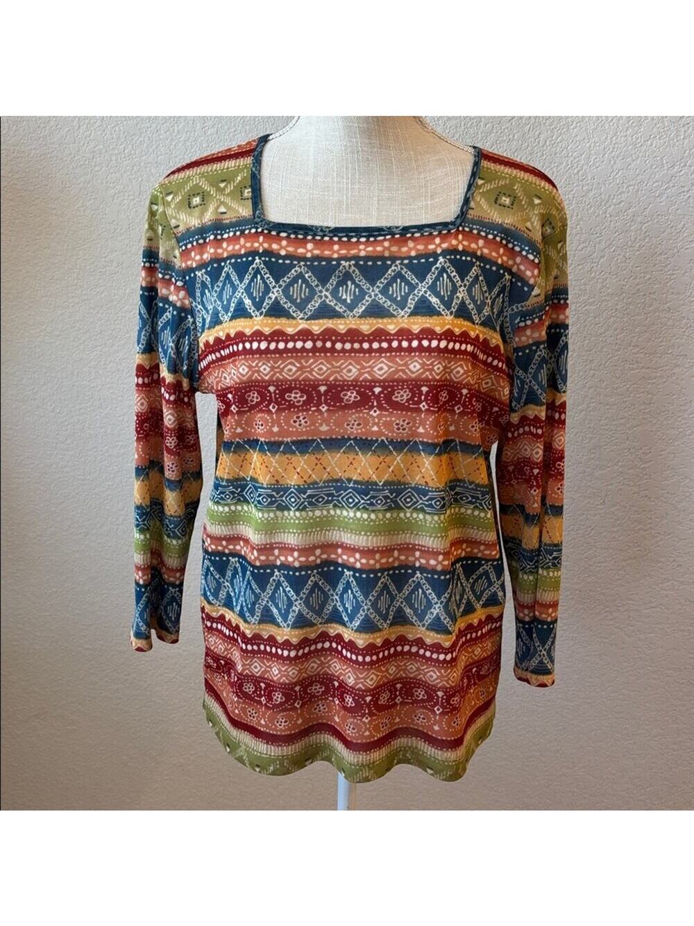 Alfred Dunner Women’s Orange Blue Geometric Top Shirt Casual Vibrant Colorful S